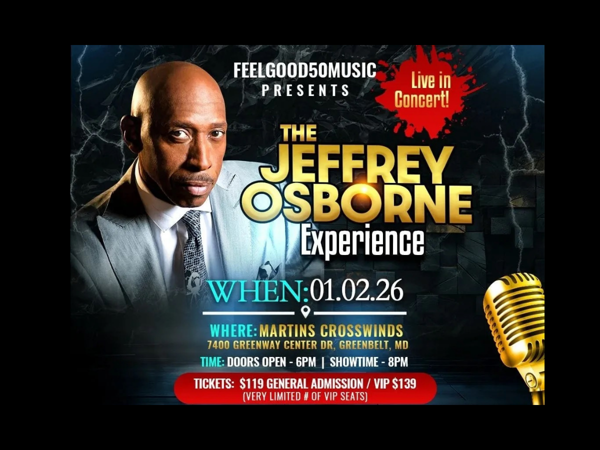 Promotional poster for The Jeffrey Osborne Experience live in concert at Martin’s Crosswinds in Greenbelt, Maryland on January 2, 2026.