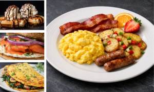 Breakfast catering with bagels and smoked salmon, Belgian waffles, and omelette station items
