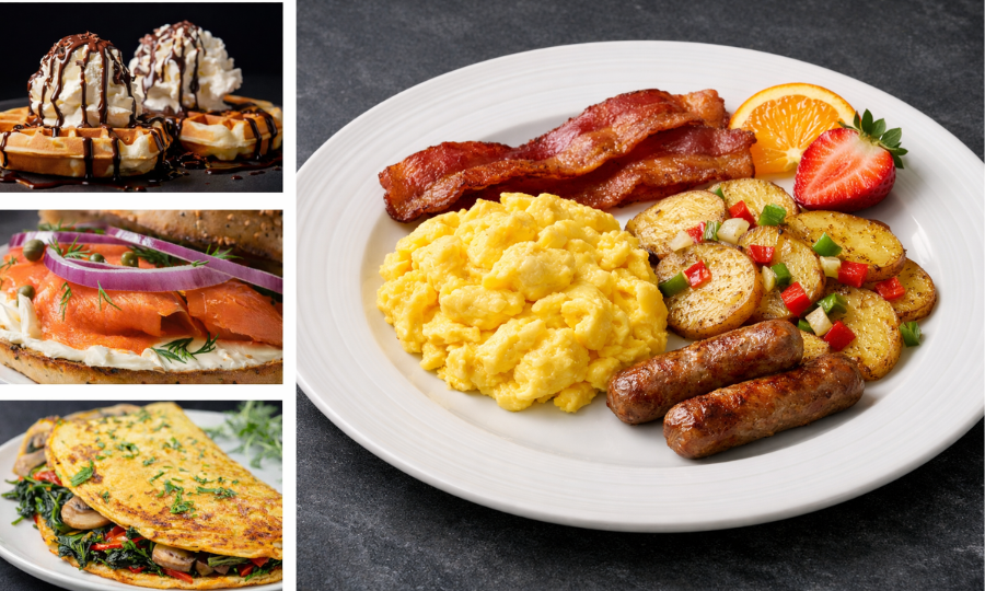 Breakfast catering with bagels and smoked salmon, Belgian waffles, and omelette station items