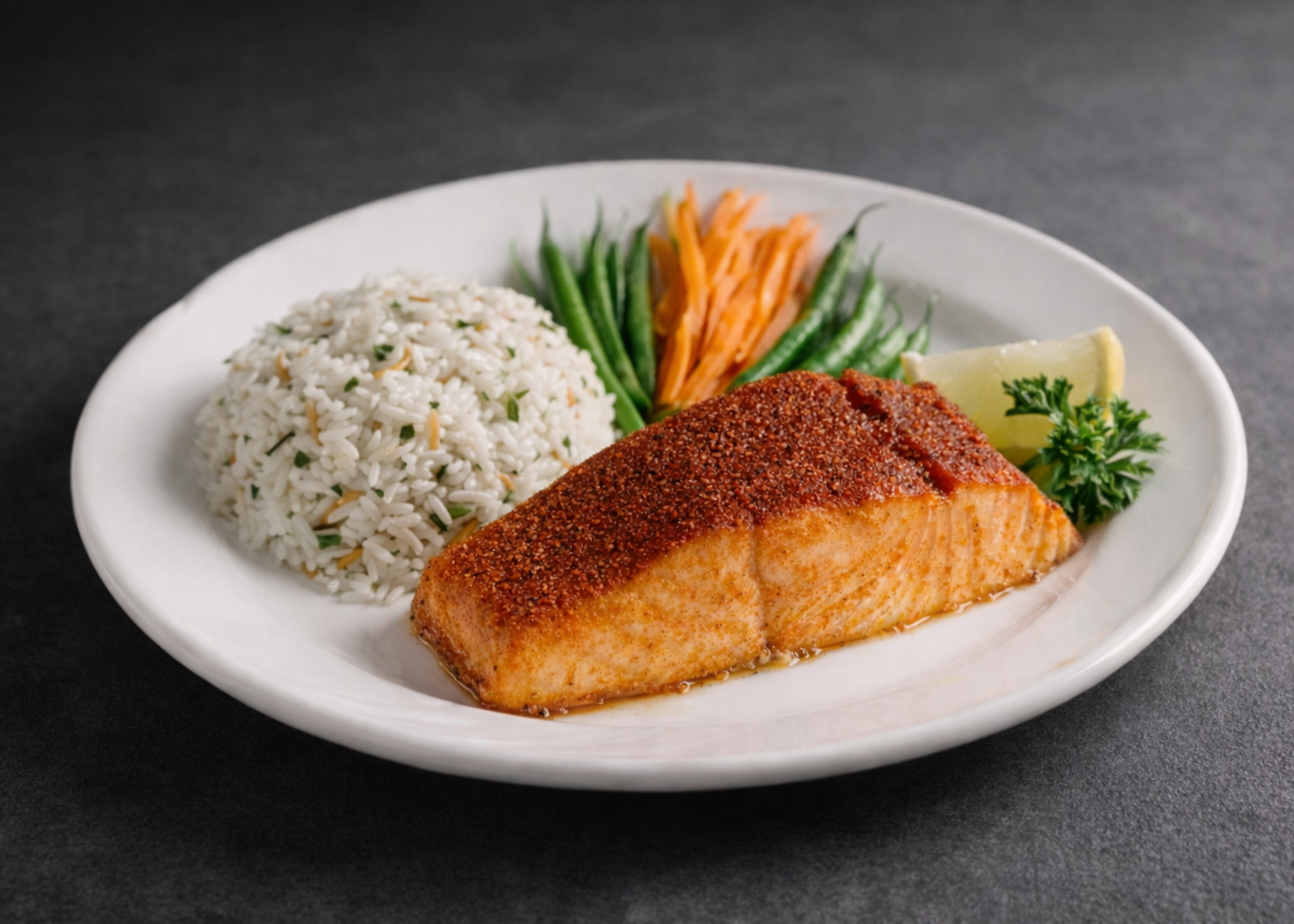 Blackened salmon fillet with rice pilaf, green beans, julienned carrots, and lemon on a white plate