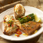 Gourmet plated entrée served at Martin's Caterers (Salmon and Chicken)