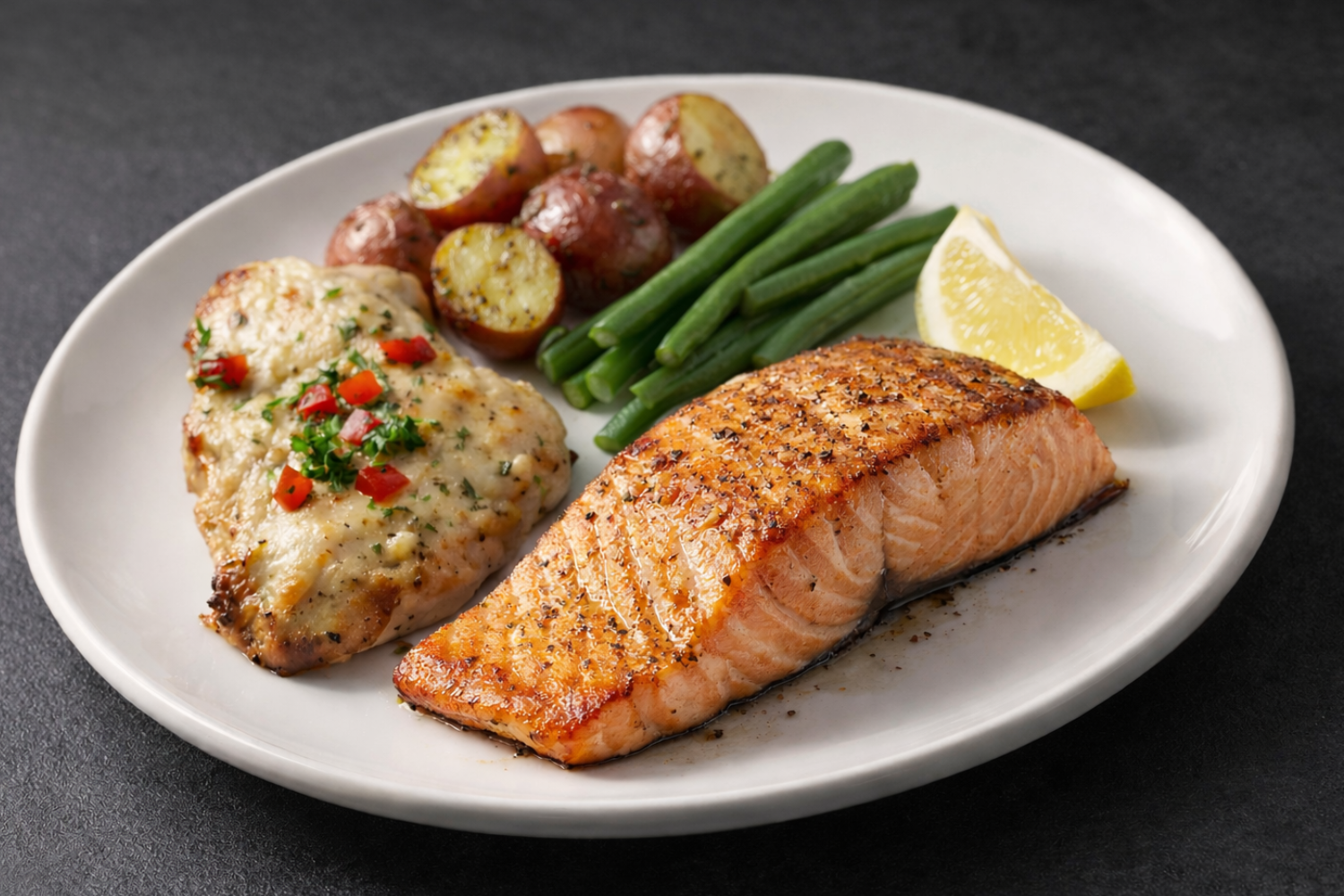 Plated wedding duo entrée featuring salmon and chicken with green beans and roasted red potatoes.