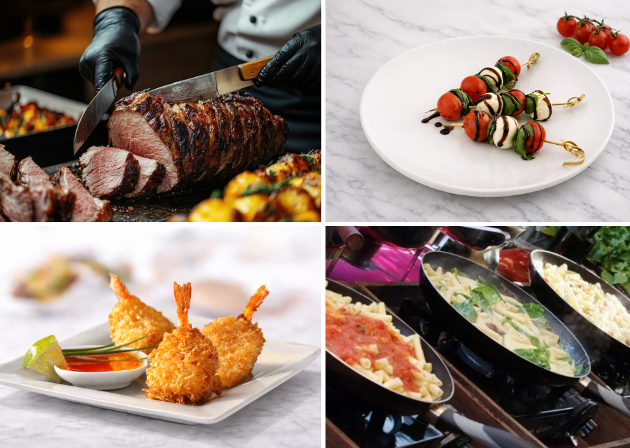 Cocktail party catering with coconut shrimp, carved beef tenderloin, caprese skewers, and pasta for events.